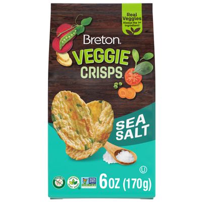 Breton Veggie Crisps Sea Salt - Popped Crisps, Made with Real Vegetables, Light and Crispy Plant Based Snacks, Non-GMO Project Verified, Gluten Free Snacks, For School, Lunch Box and More, 6oz (170g)