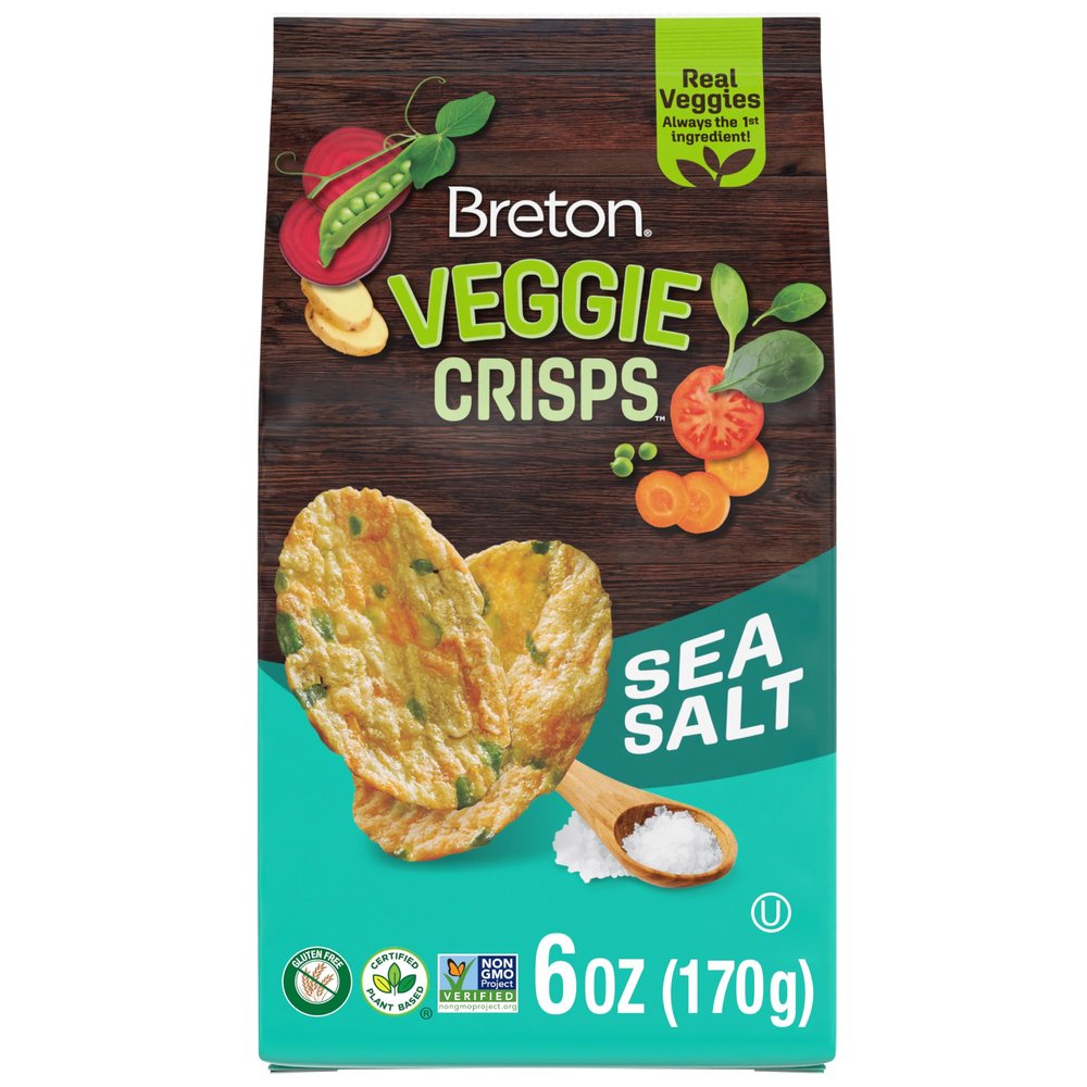 Breton Veggie Crisps Sea Salt - Popped Crisps, Made with Real Vegetables, Light and Crispy Plant Based Snacks, Non-GMO Project Verified, Gluten Free Snacks, For School, Lunch Box and More, 6oz (170g)
