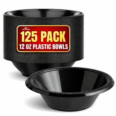 1InTheHome Black Plastic Bowls 12 Oz, Disposable Party Soup/Salad Bowls, (125 Pack)