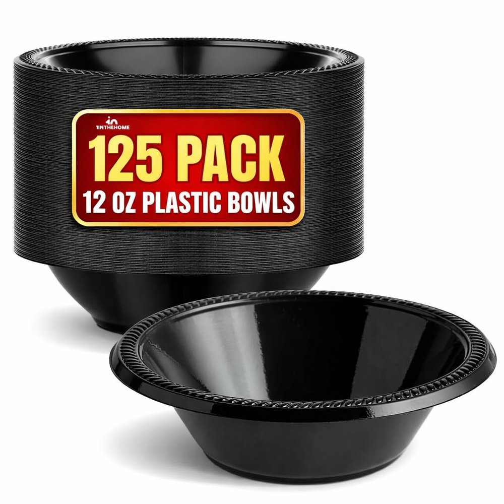 1InTheHome Black Plastic Bowls 12 Oz, Disposable Party Soup/Salad Bowls, (125 Pack)
