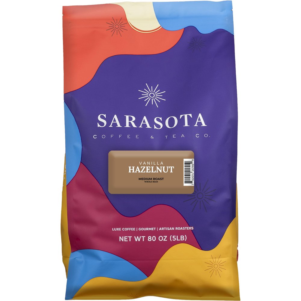 Sarasota Coffee Whole Bean Vanilla Hazelnut | Medium Roast Gourmet Flavored Coffee Beans | Low Acid, Mold Free, Specialty Grade Bulk Beans | 5lb (80 oz)