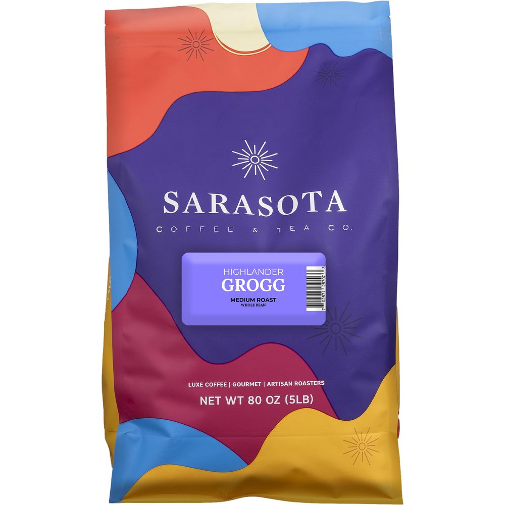 Sarasota Coffee Whole Bean Highlander Grogg | Medium Roast Gourmet Flavored Coffee Beans | Low Acid, Mold Free, Specialty Grade Flavored Bulk Beans | 5lb (80 oz)