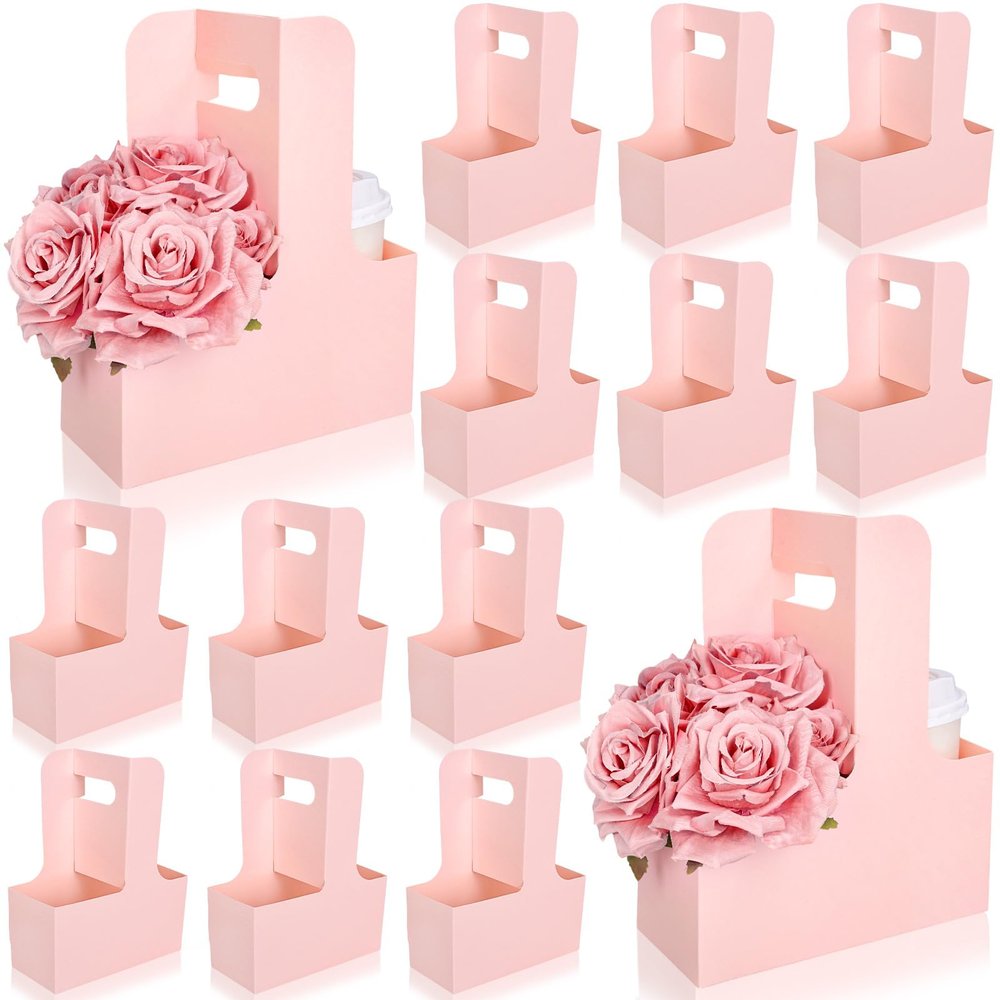 Whaline Mother's Day Light Pink Kraft Flower Gift Bags 20 Pcs Drink Carriers with Handle to 2 Cup Floral Wrap Packing Box Paper Holder Baskets for DIY Crafts Wedding Valentine's Day Birthday Party