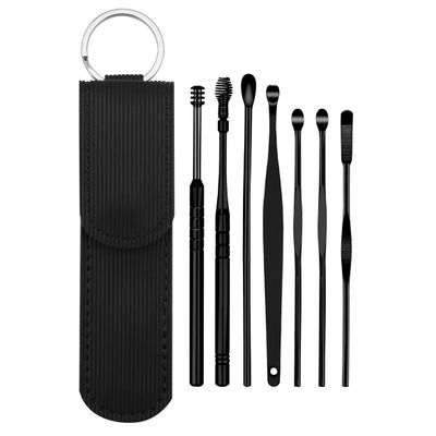 Yuidaaavzz 7Pcs Ear Wax Removal Set, Stainless Ear Cleaner Wax Removal Tool, Earpick Sticks Earwax Remover Curette Ear Pick Cleaning Ear Cleanser Spoon (Color : Silver) (Black)