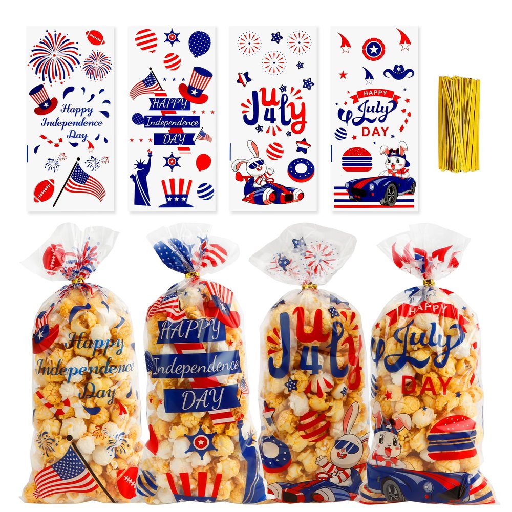 4th of July Treat Bags, 120 PCS Patriotic Cellophane Bags, Plastic Clear Red White Blue Candy Cookie Gift Goodie Snack Bag with Twist Tie for Independence Day 4th Fourth of July Party Favors Supplies
