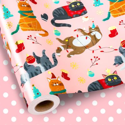 MAYPLUSS Cat Christmas Wrapping Paper, Pink Animal Wrapping Paper, Fun Winter Kitten Christmas Gift Wrap with Metallic Foil Shine for Girl Holiday, Lover (Mini Roll, 17 Inch X 33 Feet)