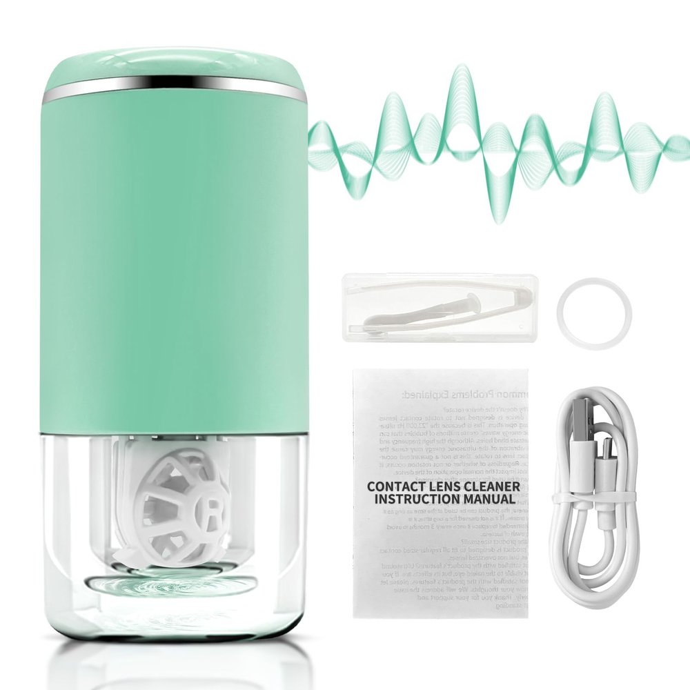 Contact Lens Cleaner Machine for Soft Lenses & Color Contacts | 3 Minutes Deep Protein Removal | Portable Automatic Vibration Eyewear Cleaner | Travel-Friendly Electric Case, Green Color