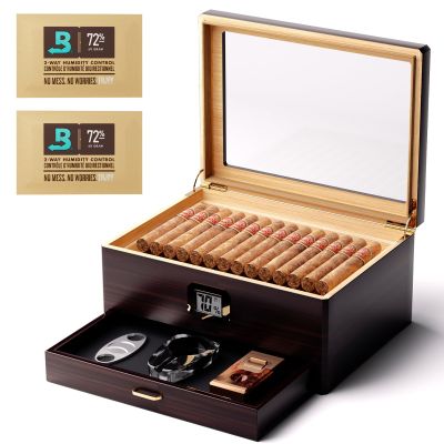Woodronic Spanish Cedar Cigar Humidor, Glass Top Desktop Cigar Humidors with Digital Hygrometer Accessory Drawer Cigar Box for 50-80 Cigars, Cedar Wood Tray, Divider, 2 Boveda 72%, Cigar Gifts for Men
