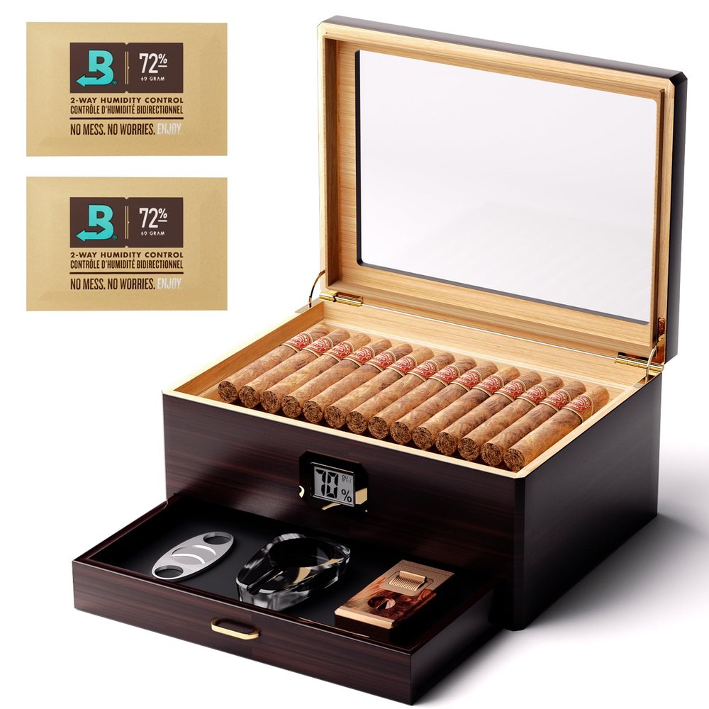 Woodronic Spanish Cedar Cigar Humidor, Glass Top Desktop Cigar Humidors with Digital Hygrometer Accessory Drawer Cigar Box for 50-80 Cigars, Cedar Wood Tray, Divider, 2 Boveda 72%, Cigar Gifts for Men