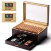 Woodronic Spanish Cedar Cigar Humidor, Glass Top Desktop Cigar Humidors with Digital Hygrometer Accessory Drawer Cigar Box for 50-80 Cigars, Cedar Wood Tray, Divider, 2 Boveda 72%, Cigar Gifts for Men view 1