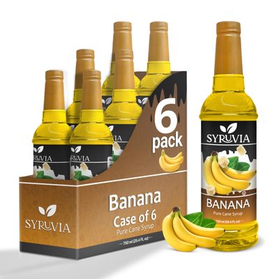 Banana Syrup by Syruvia 6-Pack, 25.4 fl oz, Wholesale Coffee Syrup Shops, Cafes, Baristas, Bistros, & Beverage Bars, Bulk Kosher & Gluten-Free
