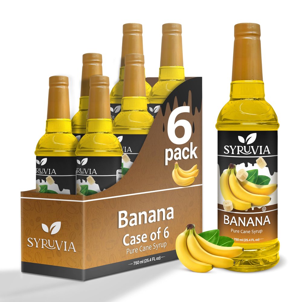 Banana Syrup by Syruvia 6-Pack, 25.4 fl oz, Wholesale Coffee Syrup Shops, Cafes, Baristas, Bistros, & Beverage Bars, Bulk Kosher & Gluten-Free