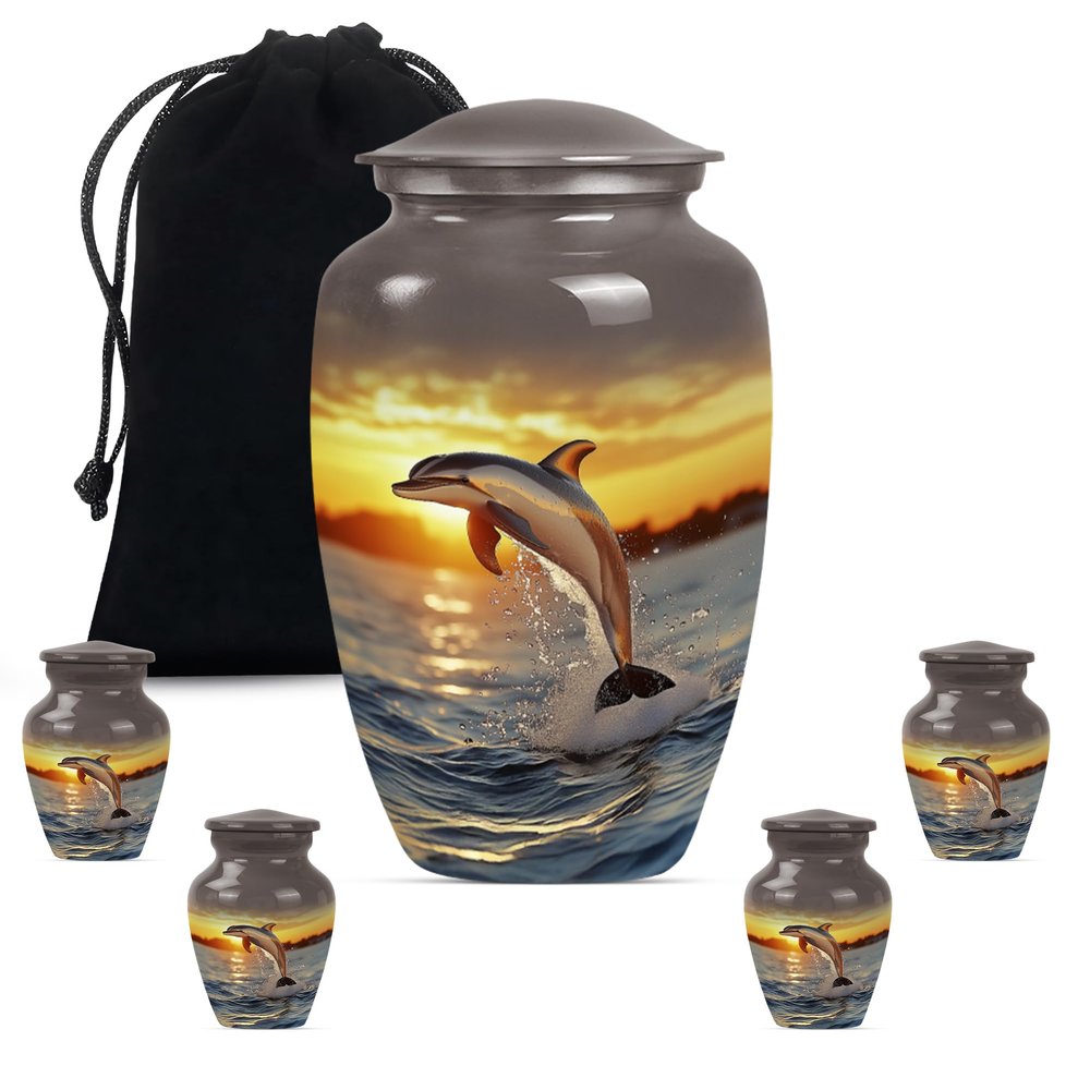 Dolphin Urn for Ashes for Women, Large Urn for Ashes Adult Male, Small Urns for Ashes for Adult Man, Mini Urns for Human Ashes(Size - 10inch 1Pcs, 3inch 4Pcs)