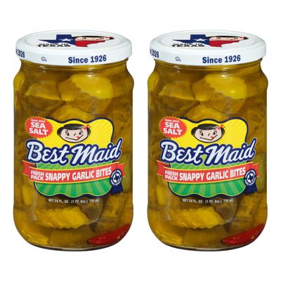 Best Maid Products - 24 Ounce Glass Jars Baby - Dill, Kosher, Hamburger Slices, Garlic Bites, Habanero Chips, & Xtreme Hot Pickles (2 Pack, Snappy Garlic Bites)