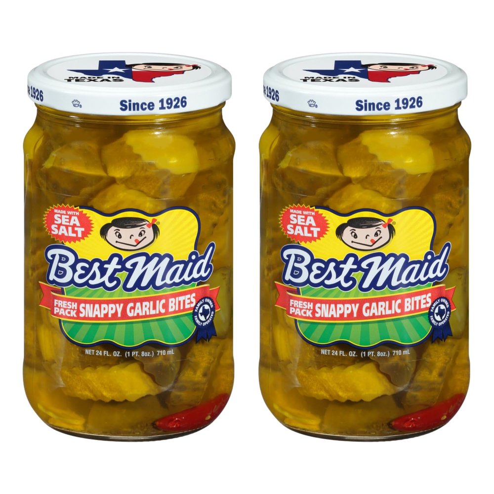Best Maid Products - 24 Ounce Glass Jars Baby - Dill, Kosher, Hamburger Slices, Garlic Bites, Habanero Chips, & Xtreme Hot Pickles (2 Pack, Snappy Garlic Bites)