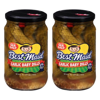Best Maid Products - 24 Ounce Glass Jars Baby - Dill, Kosher, Hamburger Slices, Garlic Bites, Habanero Chips, & Xtreme Hot Pickles (2 Pack, Garlic Baby Dill Pickles)