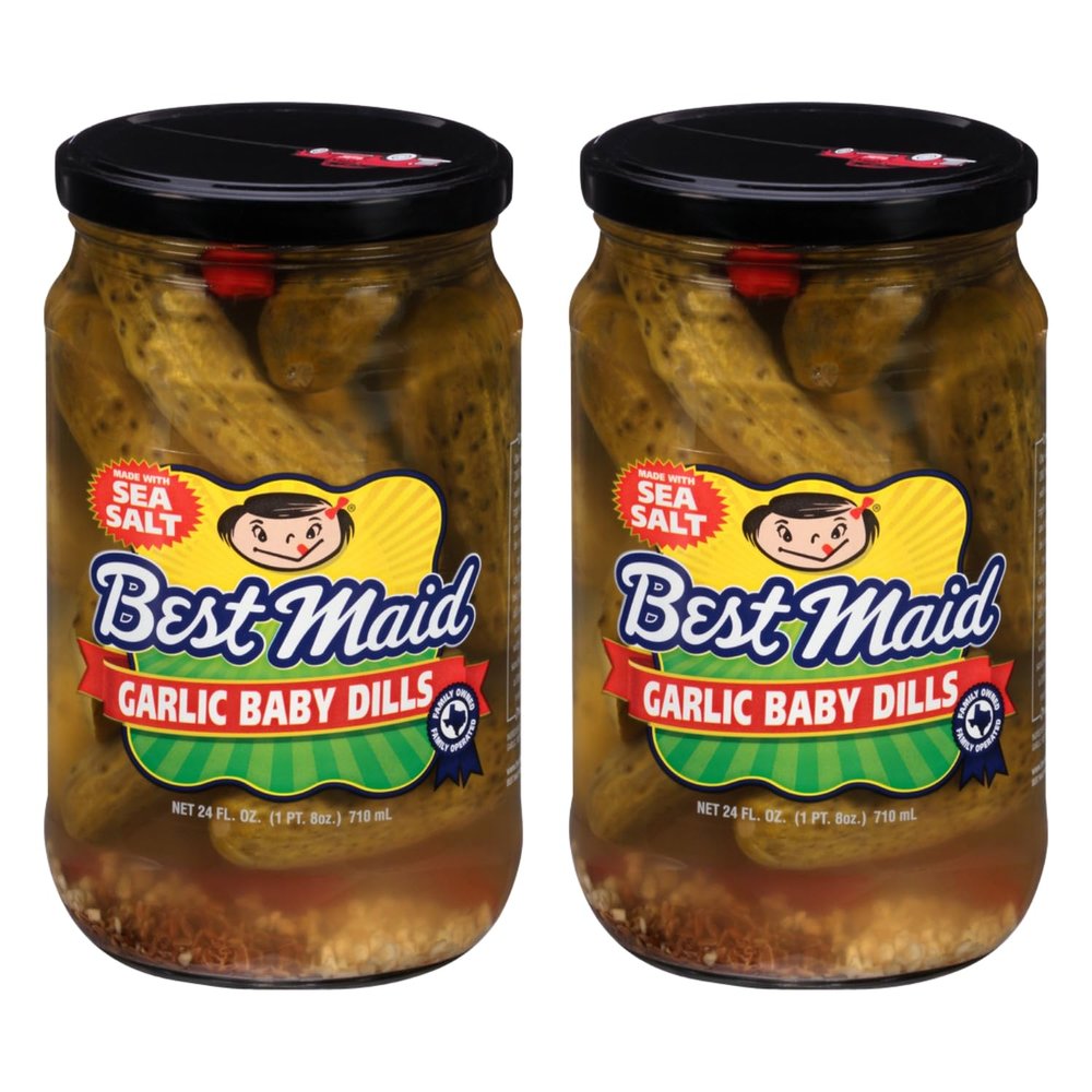 Best Maid Products - 24 Ounce Glass Jars Baby - Dill, Kosher, Hamburger Slices, Garlic Bites, Habanero Chips, & Xtreme Hot Pickles (2 Pack, Garlic Baby Dill Pickles)