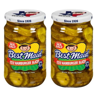 Best Maid Products - 24 Ounce Glass Jars Baby - Dill, Kosher, Hamburger Slices, Garlic Bites, Habanero Chips, & Xtreme Hot Pickles (2 Pack, Fresh Pack Hamburger Slices w/Sea Salt)