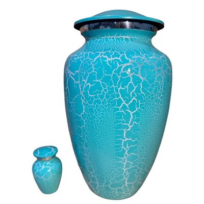 Blue Crackle Full Size Cremation Urn w/Keepsake Urn
