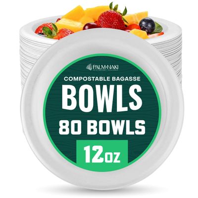 12 oz Heavy Duty Paper Bowls | 100% Compostable & Biodegradable | Natural Sugarcane Bagasse & Bamboo Pulp | Leak-Resistant & Sturdy | Microwave & Freezer Safe | PFAS-Free | 80-Pack | Palm Naki