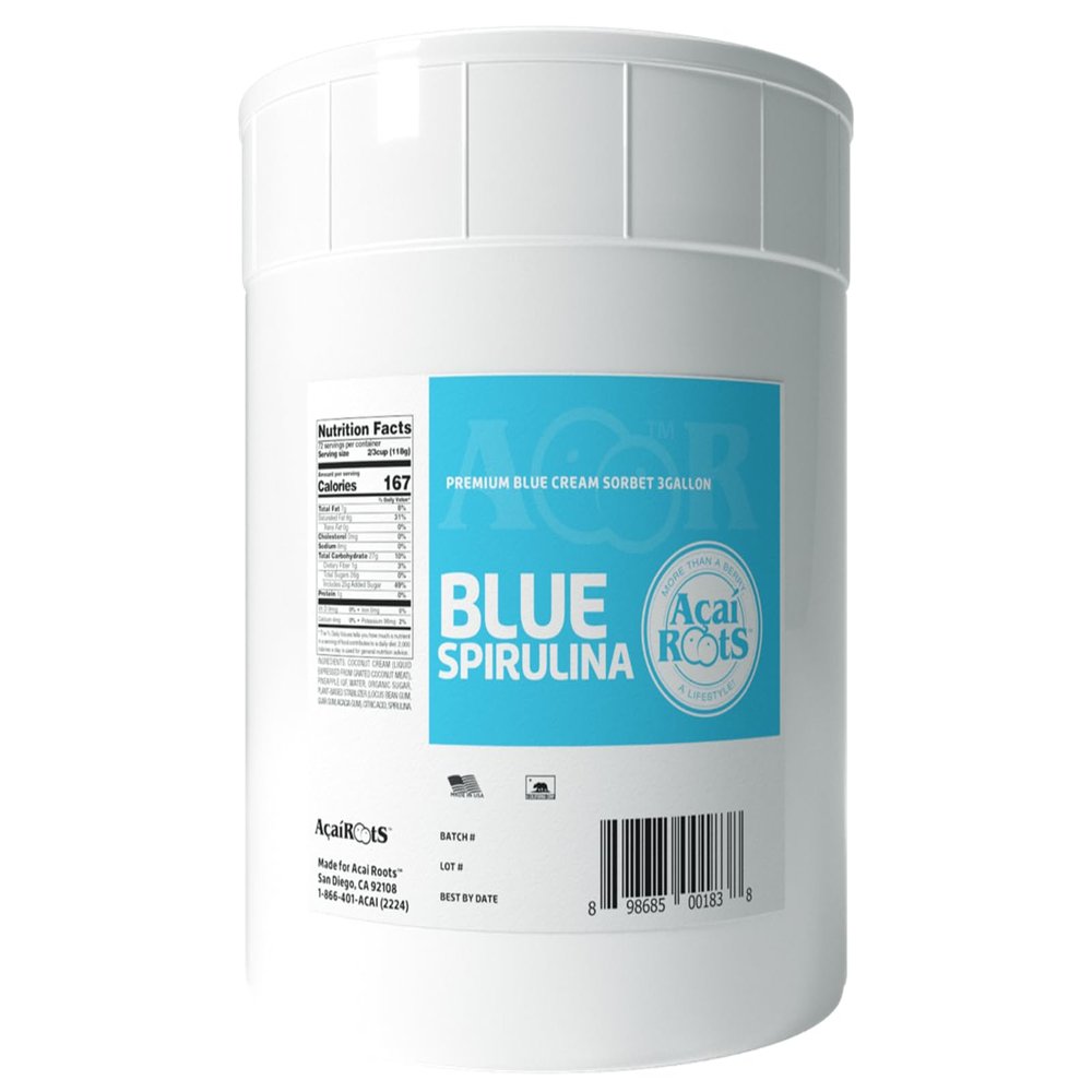 Acai Roots Premium Blue Spirulina Sorbet - Dairy-Free Vegan Frozen Dessert with Coconut & Pineapple - 3 Gallon Bulk (20 lbs) - Acai Bowl Base & Tropical Treat