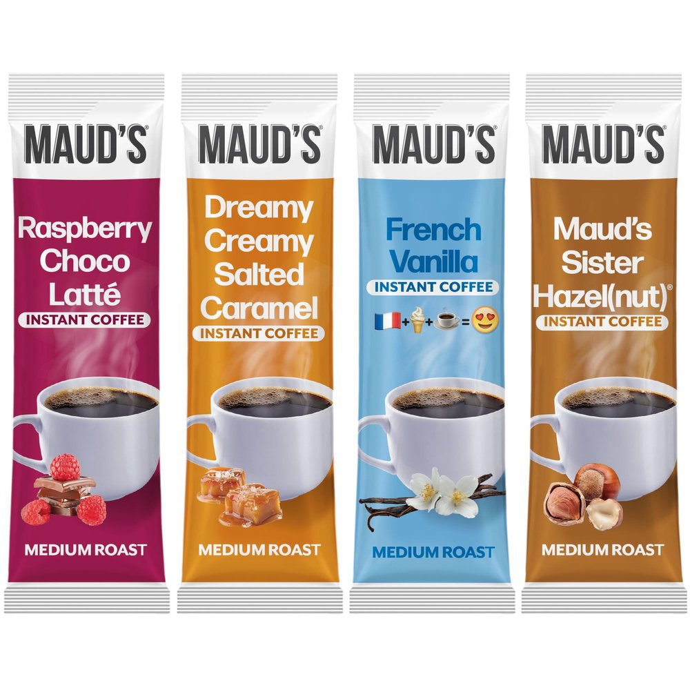 Maud's Flavored Instant Coffee Variety Pack, 48 ct, Caramel, Hazelnut, Raspberry, Vanilla, 100% Arabica Coffee, Medium Roast, Instant Hot or Iced Coffee - Just add water