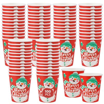 100 Disposable Christmas Paper Cups, Snowman-Themed 12 Oz Red Cups for Holiday Parties, Hot Drink Cups for Coffee, Tea, and Beverages