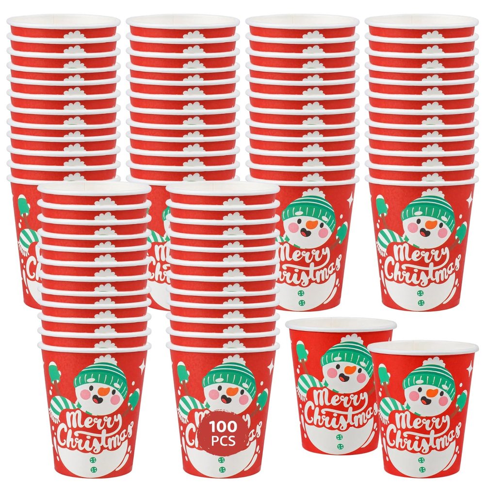 100 Disposable Christmas Paper Cups, Snowman-Themed 12 Oz Red Cups for Holiday Parties, Hot Drink Cups for Coffee, Tea, and Beverages