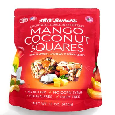 180 Snacks, Mango Coconut Squared, with Almonds, Cashews, Pumpkin Seeds