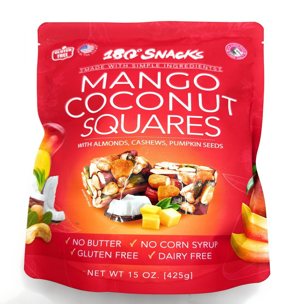 180 Snacks, Mango Coconut Squared, with Almonds, Cashews, Pumpkin Seeds