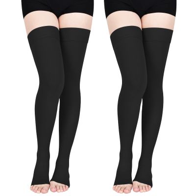 Wegitcs 2Pair 20-30mmHg Compression Stockings for Women, Open-Toe Thigh High Compression Socks, Medical Compression Stockings for Varicose Veins, Swelling, Teacher, DoctorBlack4XL