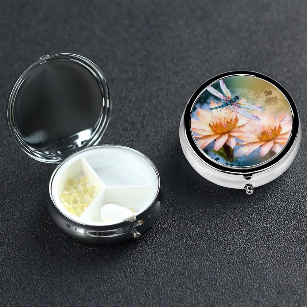 Flying Dragonflies Lily Flower Pill Box 3 Compartment Round Portable Pill Case for Pocket or Purse Small Weekly Medicine Planner Travel Pillbox with Mirror Decorative Metal Vitamin Holder Gifts