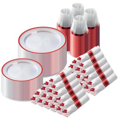 Goodluck 700 Piece Red Plastic Dinnerware Set for Party, Clear Disposable Plates for 100 Guests, Include: 100 Dinner Plates, 100 Dessert Plates, 100 Pre Rolled Napkins with Cutlery Set, 100 Cups