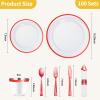 Goodluck 700 Piece Red Plastic Dinnerware Set for Party, Clear Disposable Plates for 100 Guests, Include: 100 Dinner Plates, 100 Dessert Plates, 100 Pre Rolled Napkins with Cutlery Set, 100 Cups view 4
