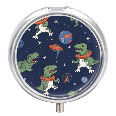 Funny Astronaut Dinosaur Rocket Travel Pill Box Case 3 Compartment Cute Pill Organizer Metal Pill Holder with Mirror Small Medicine Organizer Daily Pill Container for Purse Pocket Portable Meds Box