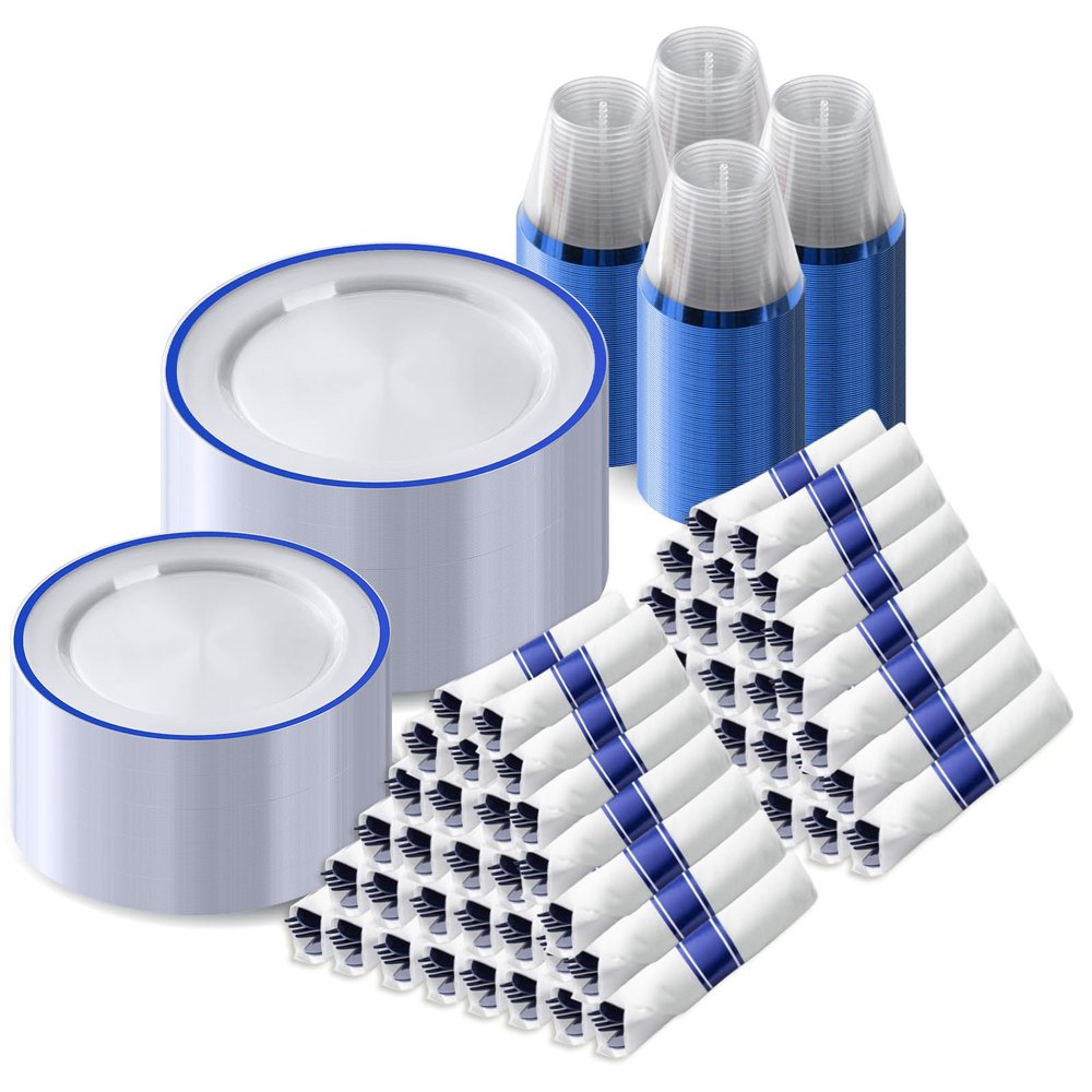 Goodluck 700 Pcs Clear Blue Plastic Plates Disposable for Party 100 Guests