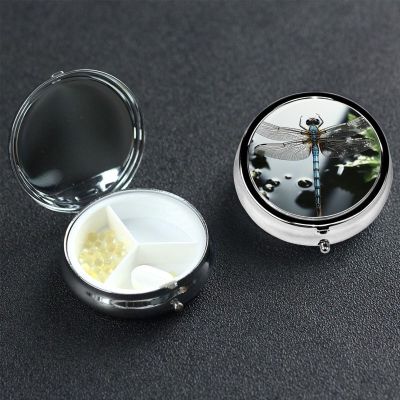 Dragonfly Pill Box 3 Compartment Round Portable Pill Case for Pocket or Purse Small Weekly Medicine Planner Travel Pillbox with Mirror Decorative Metal Vitamin Holder Gifts