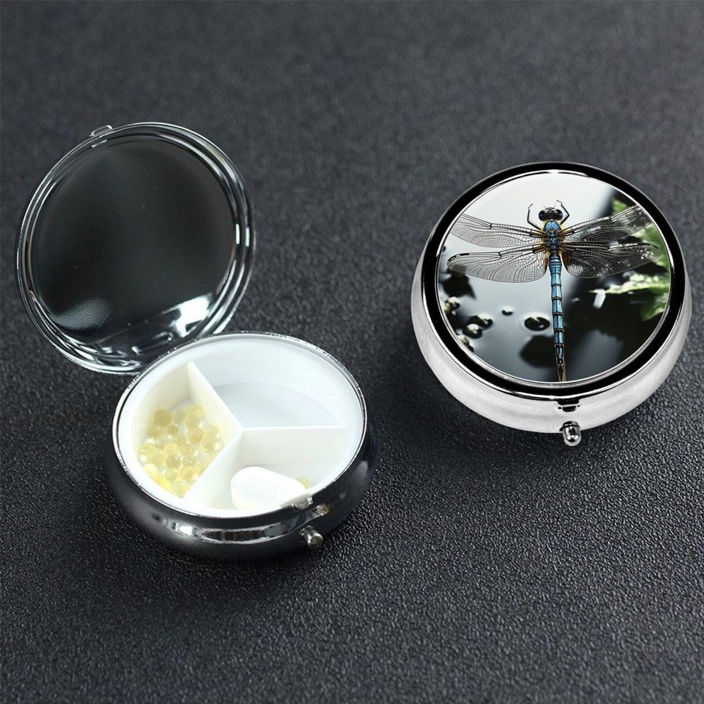 Dragonfly Pill Box 3 Compartment Round Portable Pill Case for Pocket or Purse Small Weekly Medicine Planner Travel Pillbox with Mirror Decorative Metal Vitamin Holder Gifts