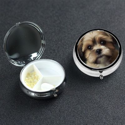 Little Dog Pill Box 3 Compartment Round Portable Pill Case for Pocket or Purse Small Weekly Medicine Planner Travel Pillbox with Mirror Decorative Metal Vitamin Holder Gifts