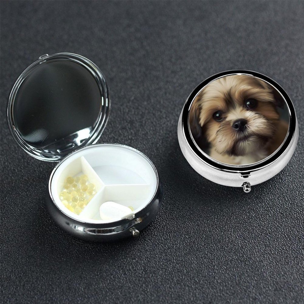 Little Dog Pill Box 3 Compartment Round Portable Pill Case for Pocket or Purse Small Weekly Medicine Planner Travel Pillbox with Mirror Decorative Metal Vitamin Holder Gifts