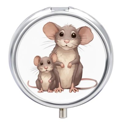 Mother and Child Rats Travel Pill Box Case 3 Compartment Cute Pill Organizer Metal Pill Holder with Mirror Small Medicine Organizer Daily Pill Container for Purse Pocket Portable Meds Box