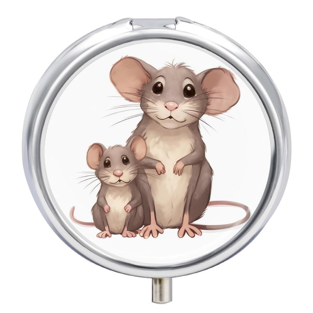 Mother and Child Rats Travel Pill Box Case 3 Compartment Cute Pill Organizer Metal Pill Holder with Mirror Small Medicine Organizer Daily Pill Container for Purse Pocket Portable Meds Box