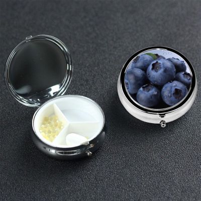 Blueberry Pill Box 3 Compartment Round Portable Pill Case for Pocket or Purse Small Weekly Medicine Planner Travel Pillbox with Mirror Decorative Metal Vitamin Holder Gifts
