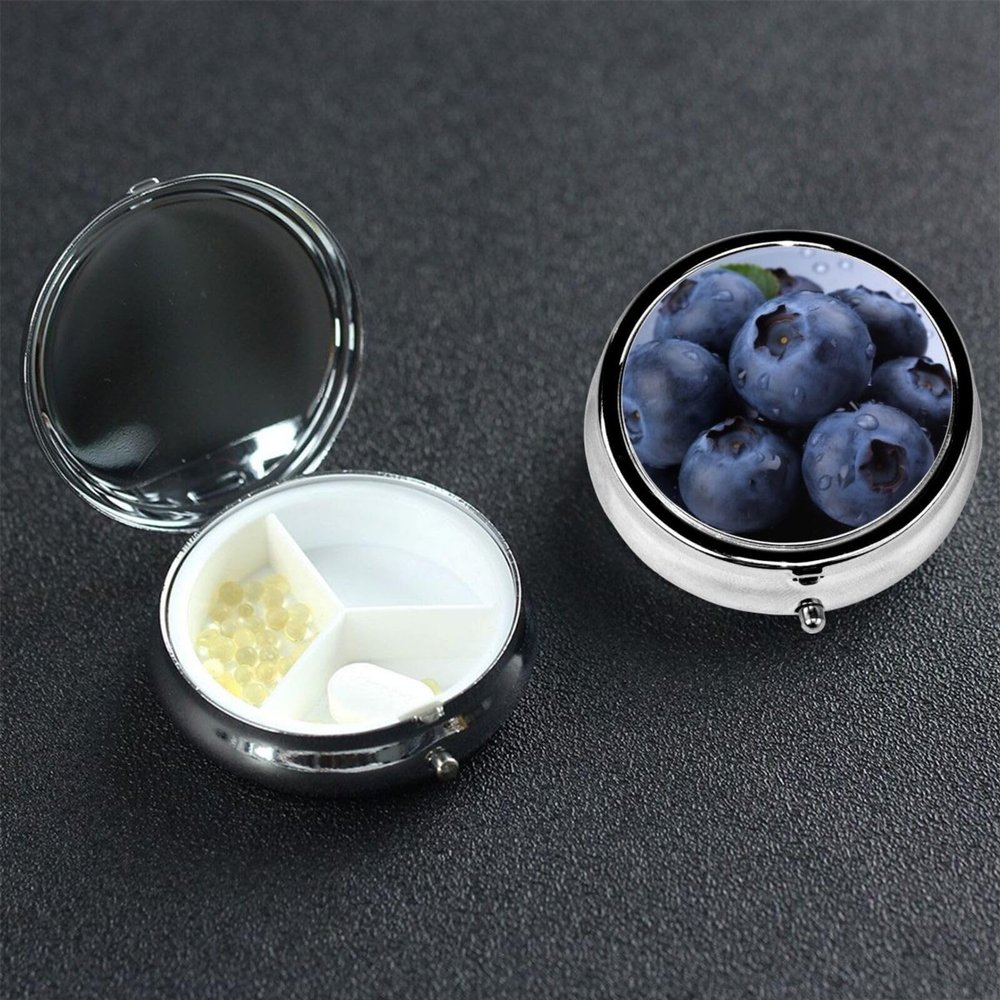 Blueberry Pill Box 3 Compartment Round Portable Pill Case for Pocket or Purse Small Weekly Medicine Planner Travel Pillbox with Mirror Decorative Metal Vitamin Holder Gifts