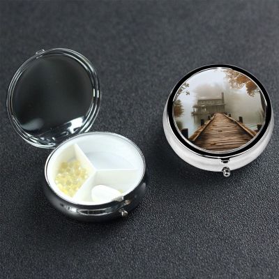 Lake House Pill Box 3 Compartment Round Portable Pill Case for Pocket or Purse Small Weekly Medicine Planner Travel Pillbox with Mirror Decorative Metal Vitamin Holder Gifts