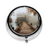 Lake House Pill Box 3 Compartment Round Portable Pill Case for Pocket or Purse Small Weekly Medicine Planner Travel Pillbox with Mirror Decorative Metal Vitamin Holder Gifts view 2