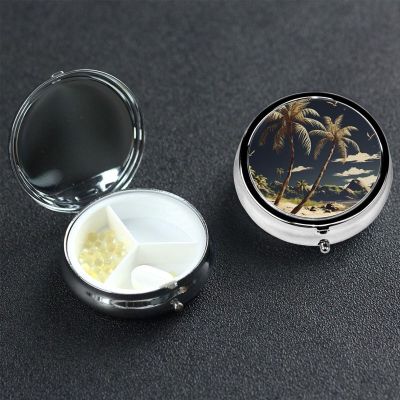Palm Tree Pill Box 3 Compartment Round Portable Pill Case for Pocket or Purse Small Weekly Medicine Planner Travel Pillbox with Mirror Decorative Metal Vitamin Holder Gifts