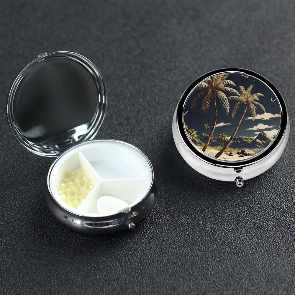 Palm Tree Pill Box 3 Compartment Round Portable Pill Case for Pocket or Purse Small Weekly Medicine Planner Travel Pillbox with Mirror Decorative Metal Vitamin Holder Gifts