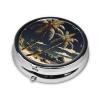 Palm Tree Pill Box 3 Compartment Round Portable Pill Case for Pocket or Purse Small Weekly Medicine Planner Travel Pillbox with Mirror Decorative Metal Vitamin Holder Gifts view 3