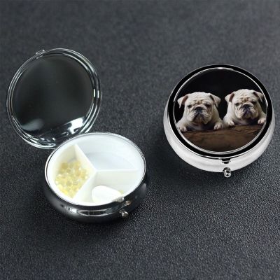 Little White Bulldog Pill Box 3 Compartment Round Portable Pill Case for Pocket or Purse Small Weekly Medicine Planner Travel Pillbox with Mirror Decorative Metal Vitamin Holder Gifts